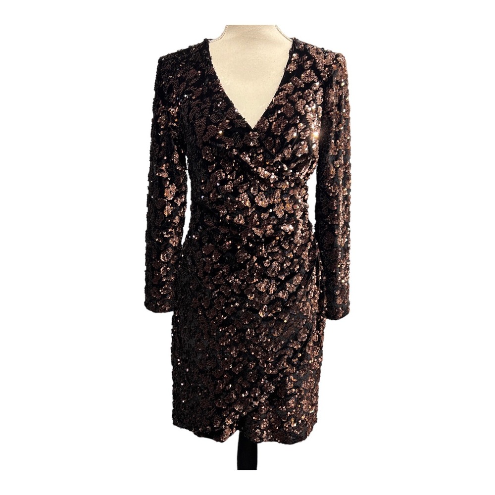 Julia‎ Jordan Dress Copper Brown Sequin Midi Deep V Neck Event New Years Eve